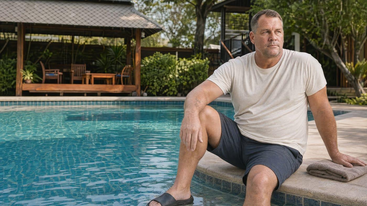 Man resting at the pool edge with his feet in the water at the licensed Jintara Rehab facility in Chiang Mai Thailand