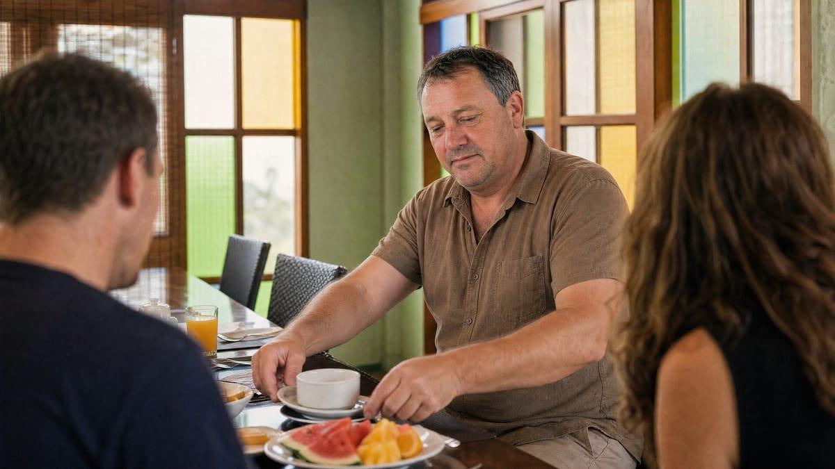 Man sharing breakfast with two companions at the communal dining table of a Chiang Mai rehab