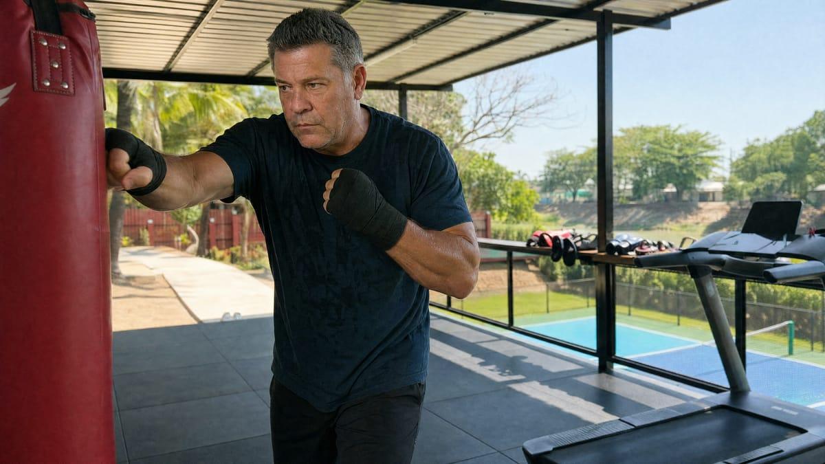 Man in wraps working a heavy bag in the open-air gym at a Thailand rehab