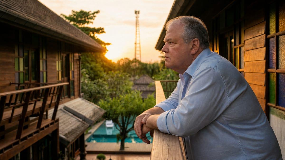 Man resting on a timber balcony rail looking over the grounds at golden hour at a Chiang Mai rehab
