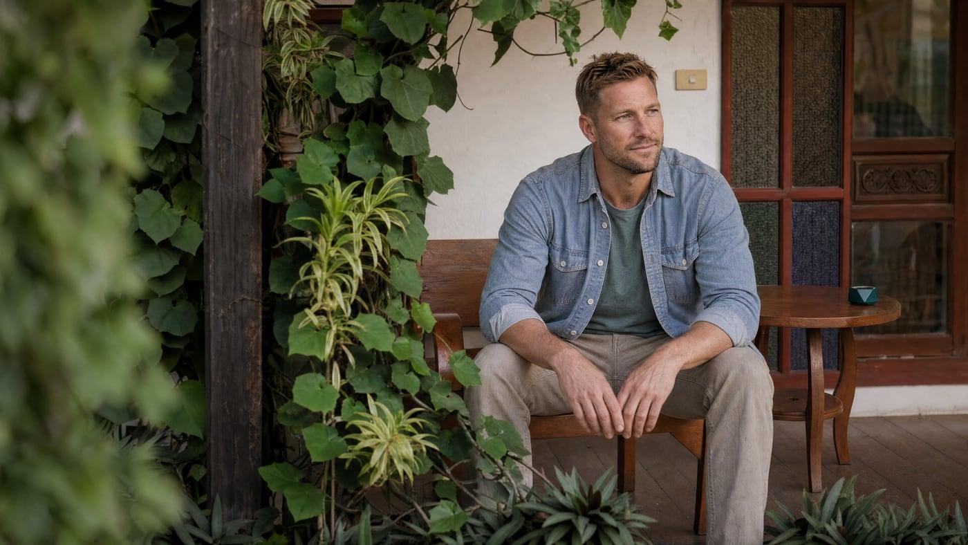 Man sitting on a timber veranda bench surrounded by vines at Jintara Rehab in Chiang Mai Thailand