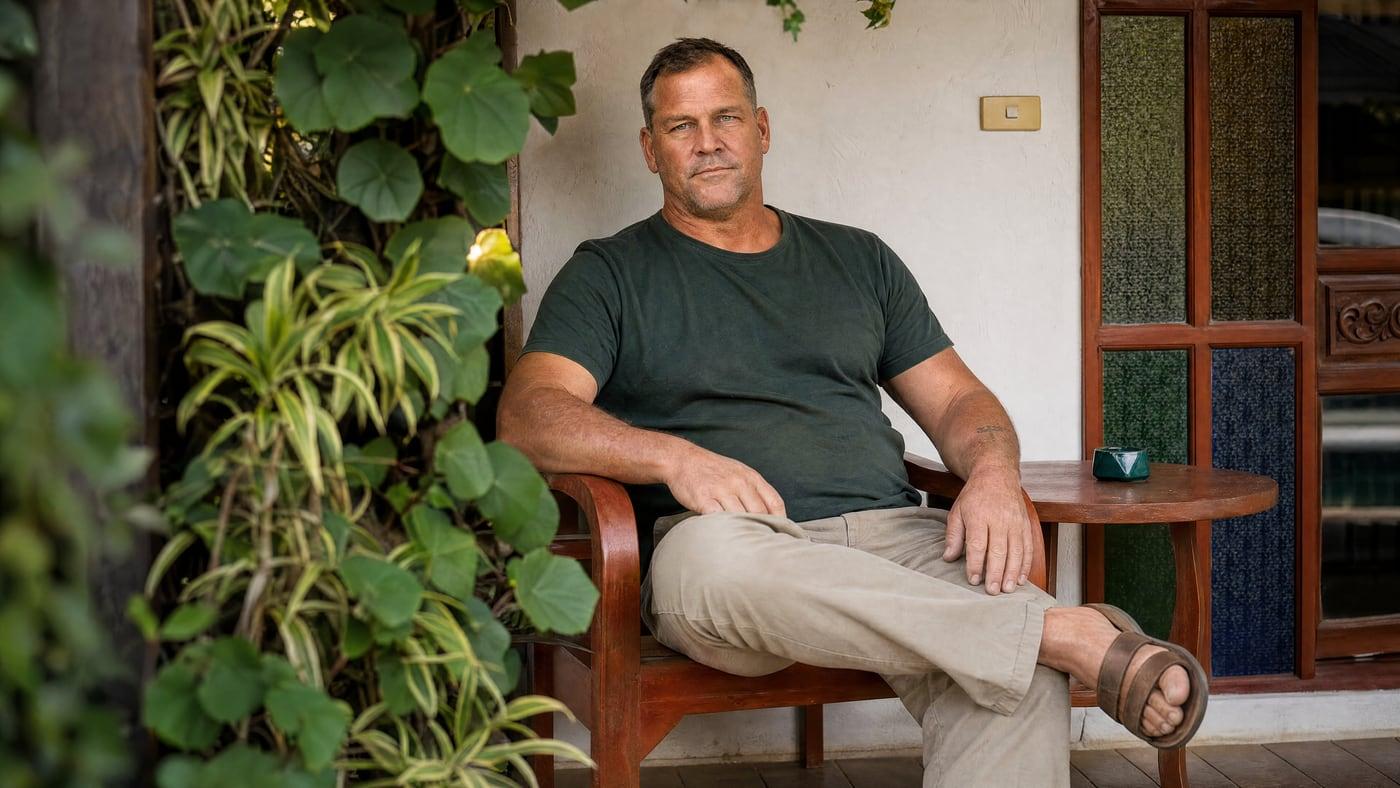 Man resting on a shaded timber veranda surrounded by greenery at Jintara Rehab Chiang Mai