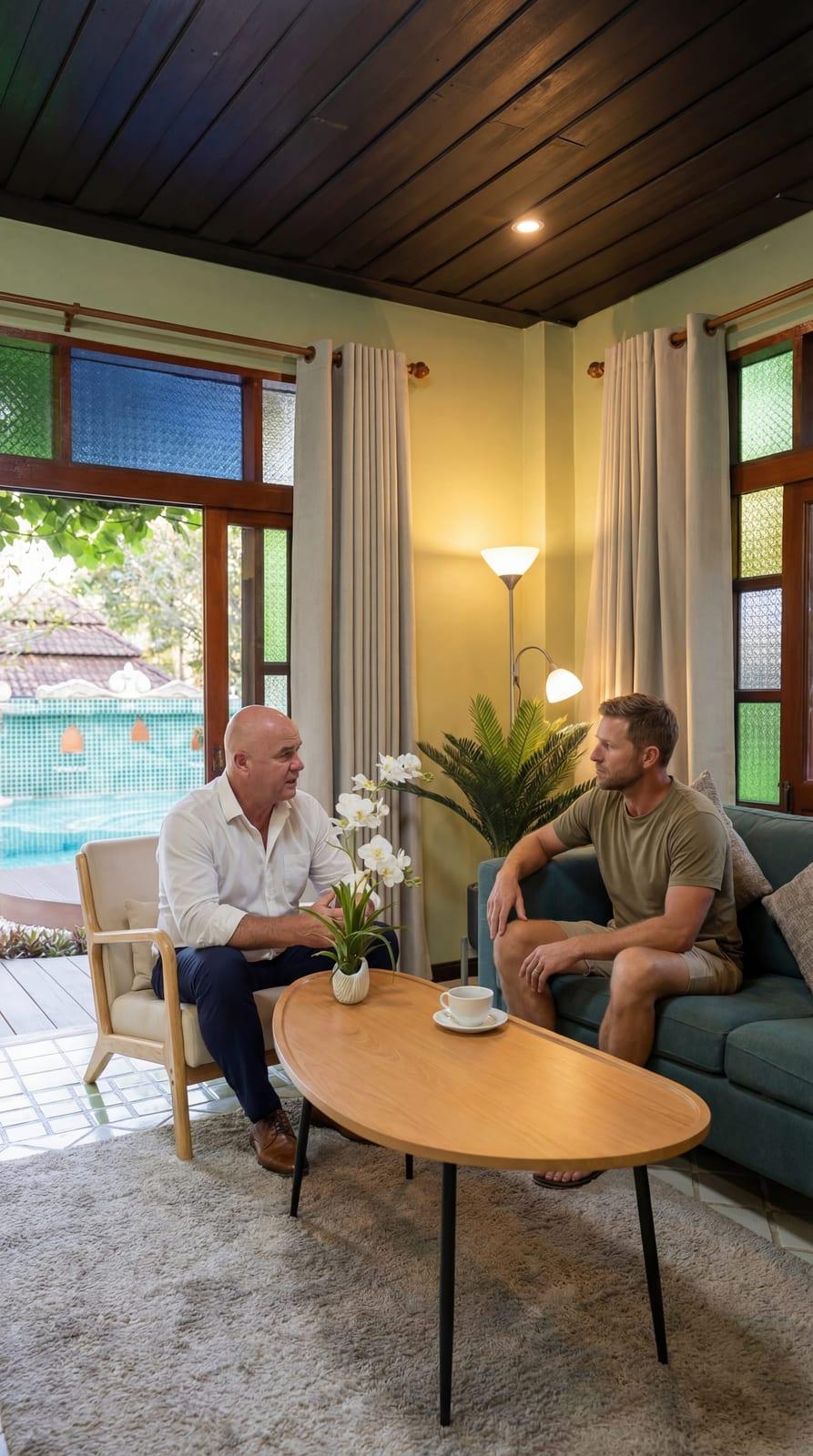 A staff member talking with a client in a lounge with a pool view at Jintara Rehab Chiang Mai