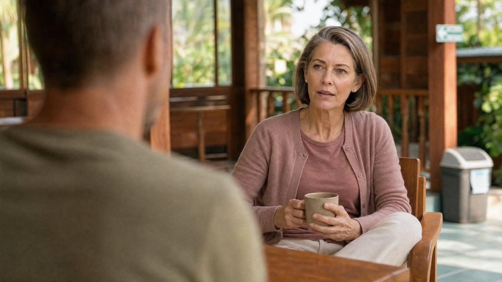 A client speaking with a therapist during a one-to-one session on a veranda at Jintara Rehab