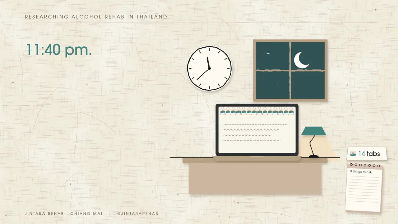 Paper-art desk at 11:40 pm with a laptop, a lamp, a wall clock and a night window, the first frame of Jintara's video