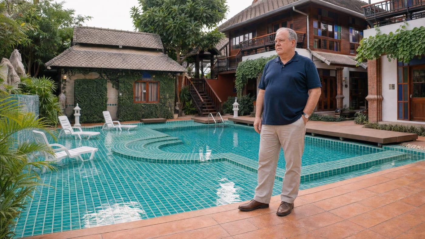 A man stands at ease by the pool at Jintara Rehab in Chiang Mai, the Thailand facility Australian clients travel to