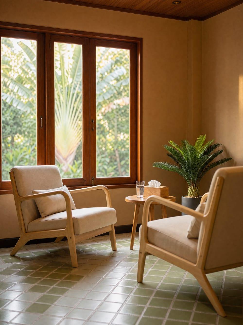 Calm therapy room with two wooden armchairs and tropical garden view at Jintara Rehab Chiang Mai
