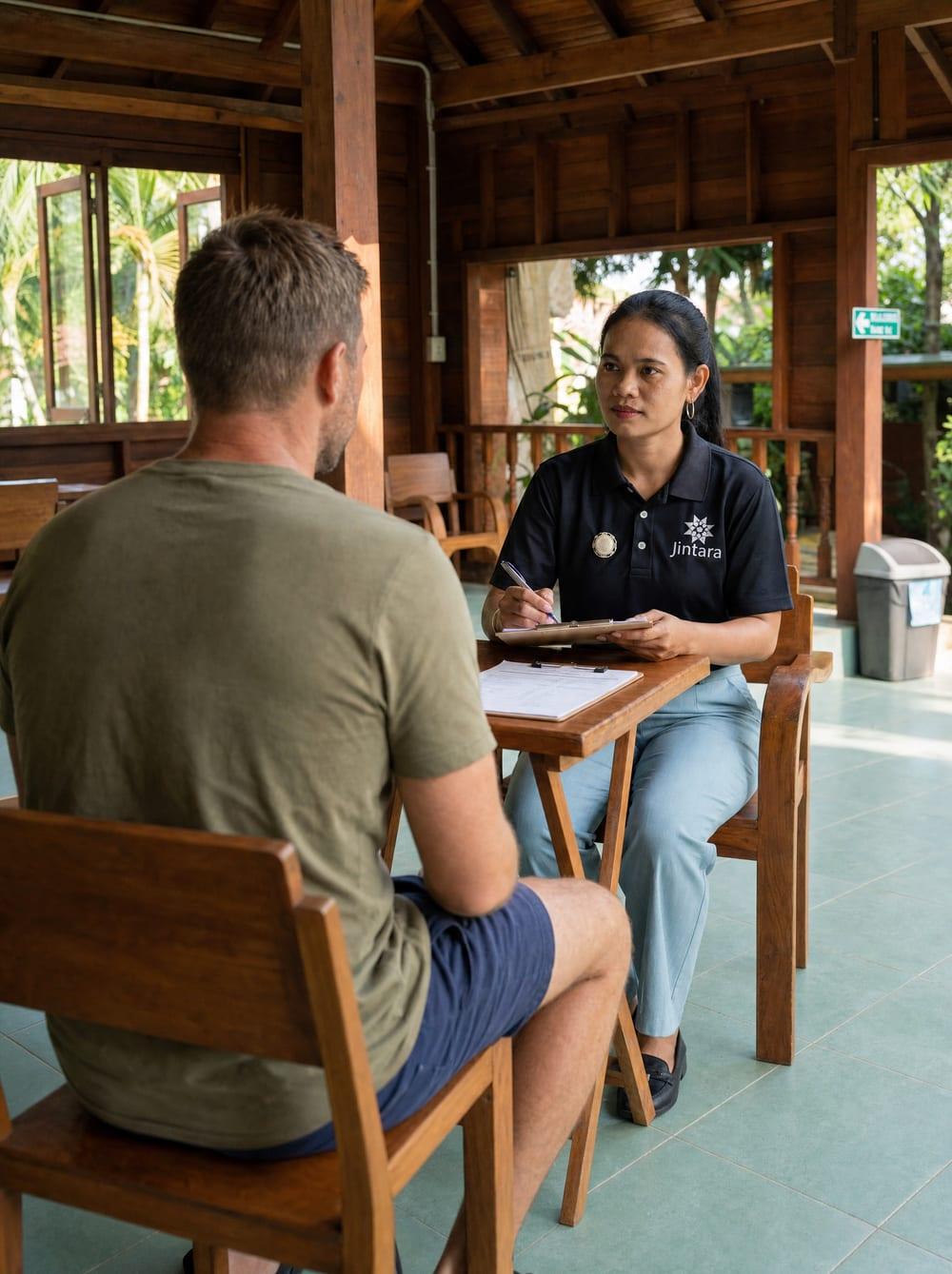 Jintara staff member conducting outdoor clinical assessment with client in garden sala at Chiang Mai rehab