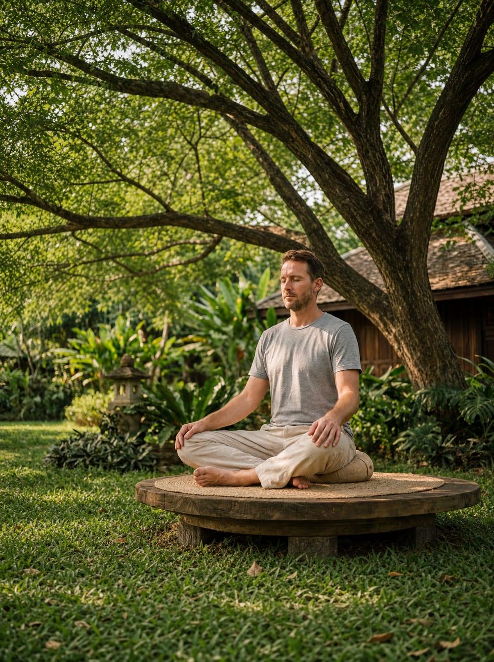 Man meditating on a round mat under a tree in the tropical garden at Jintara Rehab Chiang Mai