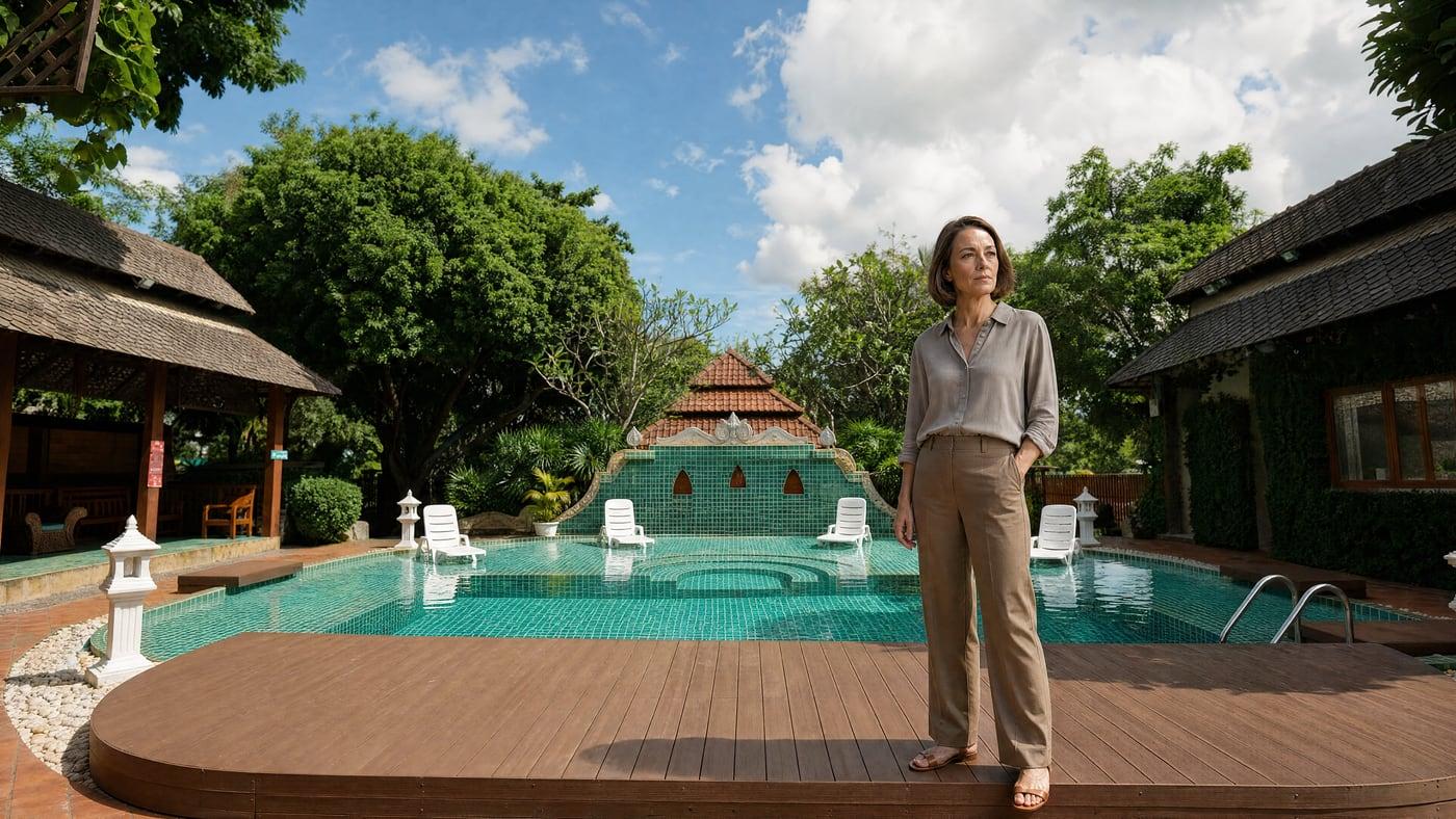 A woman standing calmly on the sunlit pool deck at Jintara benzodiazepine rehab in Chiang Mai Thailand