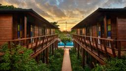 Timber accommodation buildings and central pool at Jintara Rehab in Chiang Mai at sunset