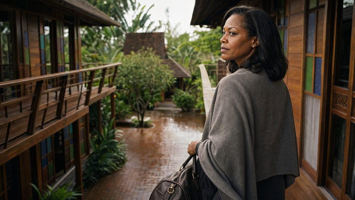 Woman carrying a bag pauses on a timber walkway as she arrives at a Chiang Mai rehab