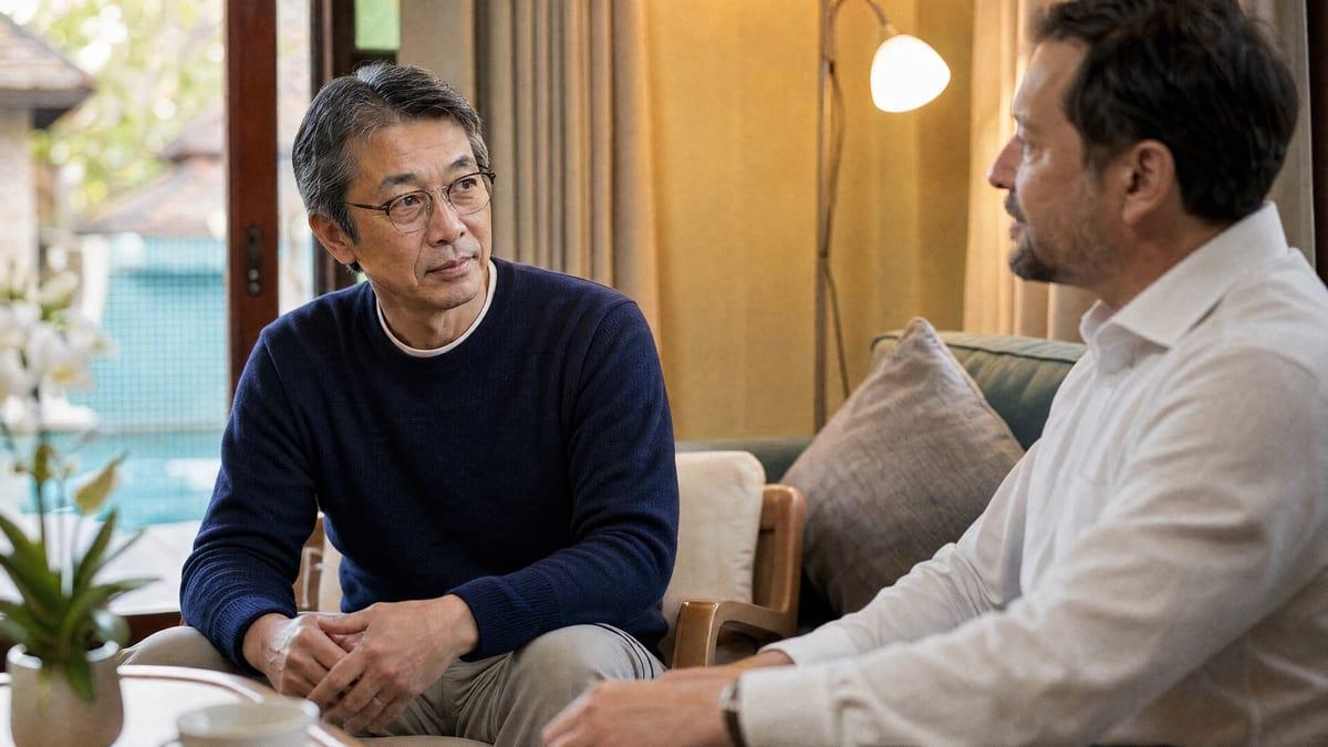 Two men sit in conversation in a garden-facing lounge at a residential rehab in Chiang Mai