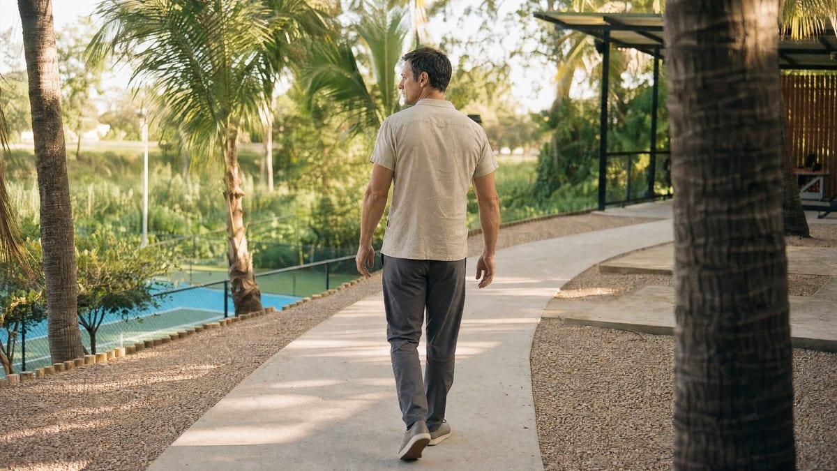 Man walks a garden path past a pickleball court at a residential rehab in Chiang Mai