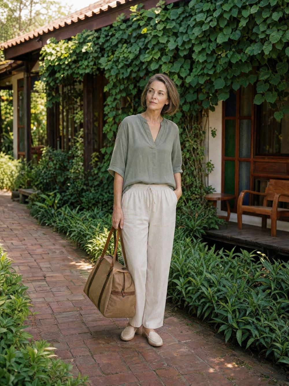 A newly arrived client with her travel bag on the garden path at Jintara Rehab in Chiang Mai