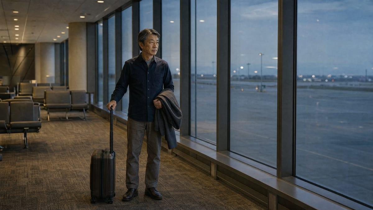 A man waits alone at a Canadian departure gate before dawn with a cabin case beside him on the morning he flies to Chiang Mai