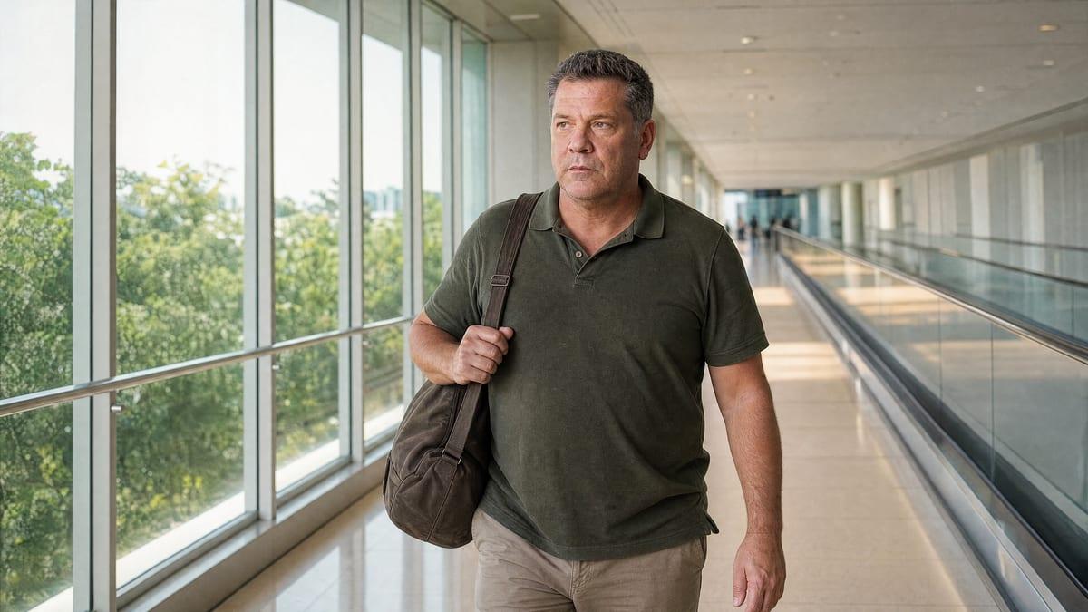 A man walks through a bright airport transfer corridor with a soft bag on one shoulder partway through the journey from Canada