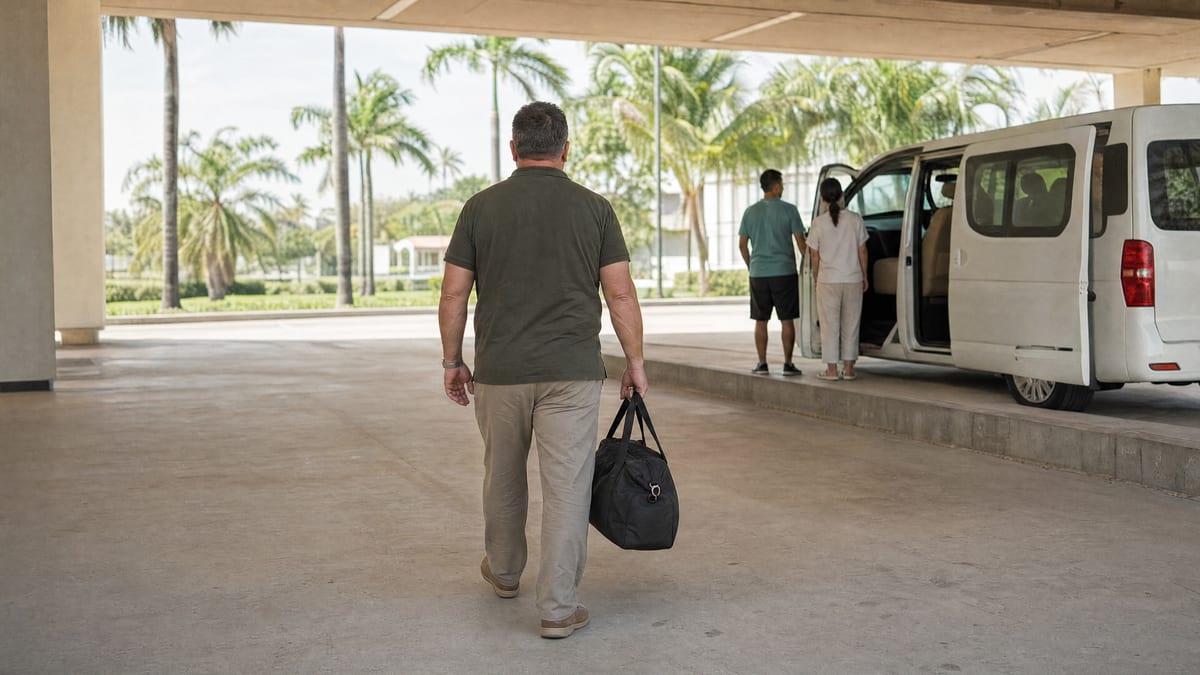 A man walks from the airport terminal toward a waiting white transfer van under a canopy at Chiang Mai International