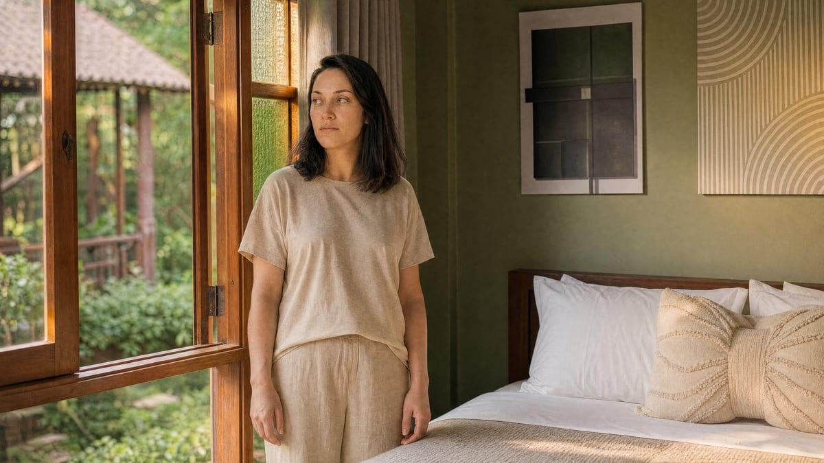 A woman stands at the open stained glass window of her room at Jintara looking out at the garden on the day she landed