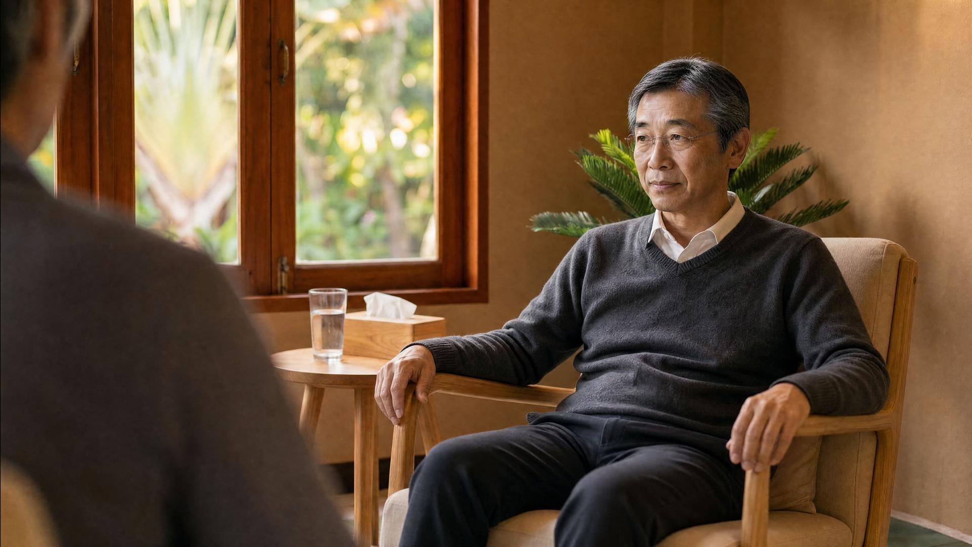 A client seated in a consultation chair beside a teak window at a rehab in Chiang Mai