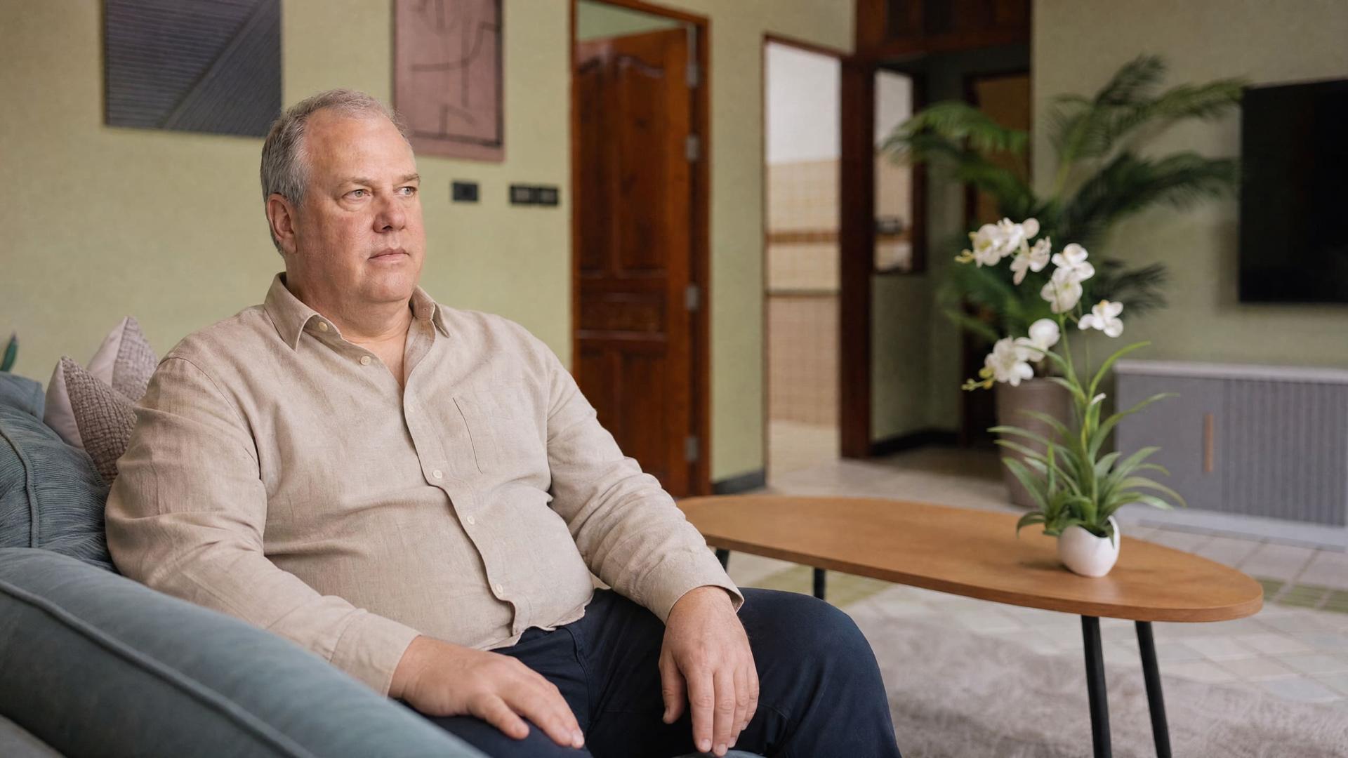 A man sitting alone on a sofa in a quiet lounge at a rehab near Chiang Mai