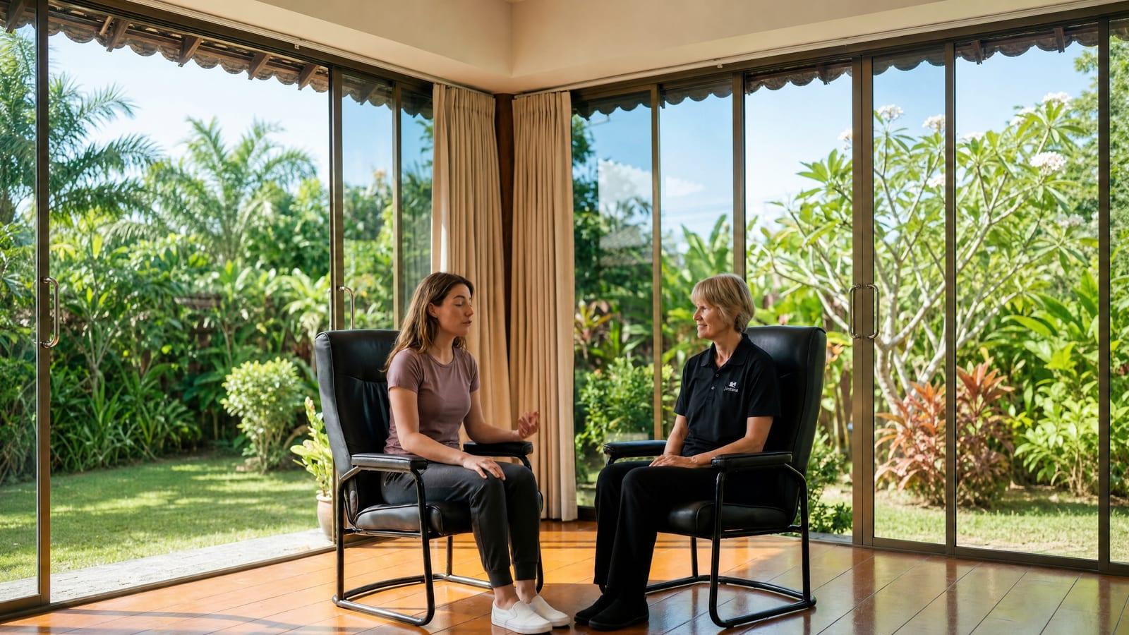 Two women in a therapy session in armchairs by floor-to-ceiling windows looking out to tropical garden at Jintara Rehab Chiang Mai for addressing psychological effects of polydrug use