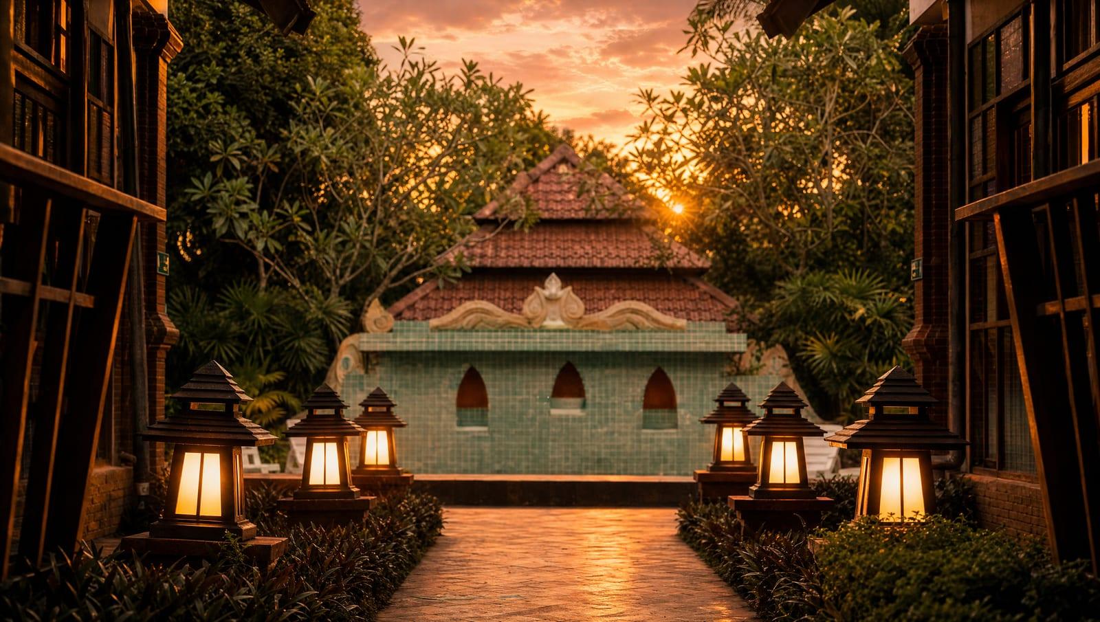 Lantern-lined walkway and teal pool pavilion at Jintara Rehab Chiang Mai at golden hour, representing safe medically supervised alcohol detox
