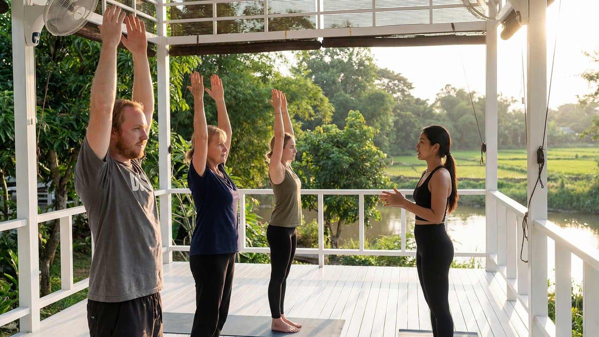 Small group yoga session at Jintara Rehab mental health retreat in Chiang Mai supporting depression recovery