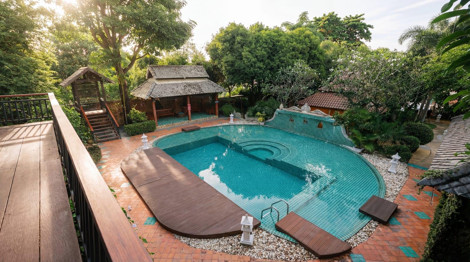 Elevated view of Jintara Rehab pool and compound in Chiang Mai Thailand where dual diagnosis anxiety treatment takes place
