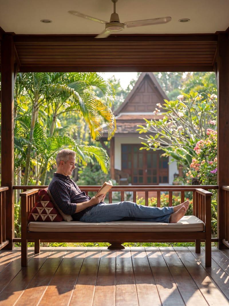 A client reading alone on a private teak veranda at Jintara Rehab outside Chiang Mai