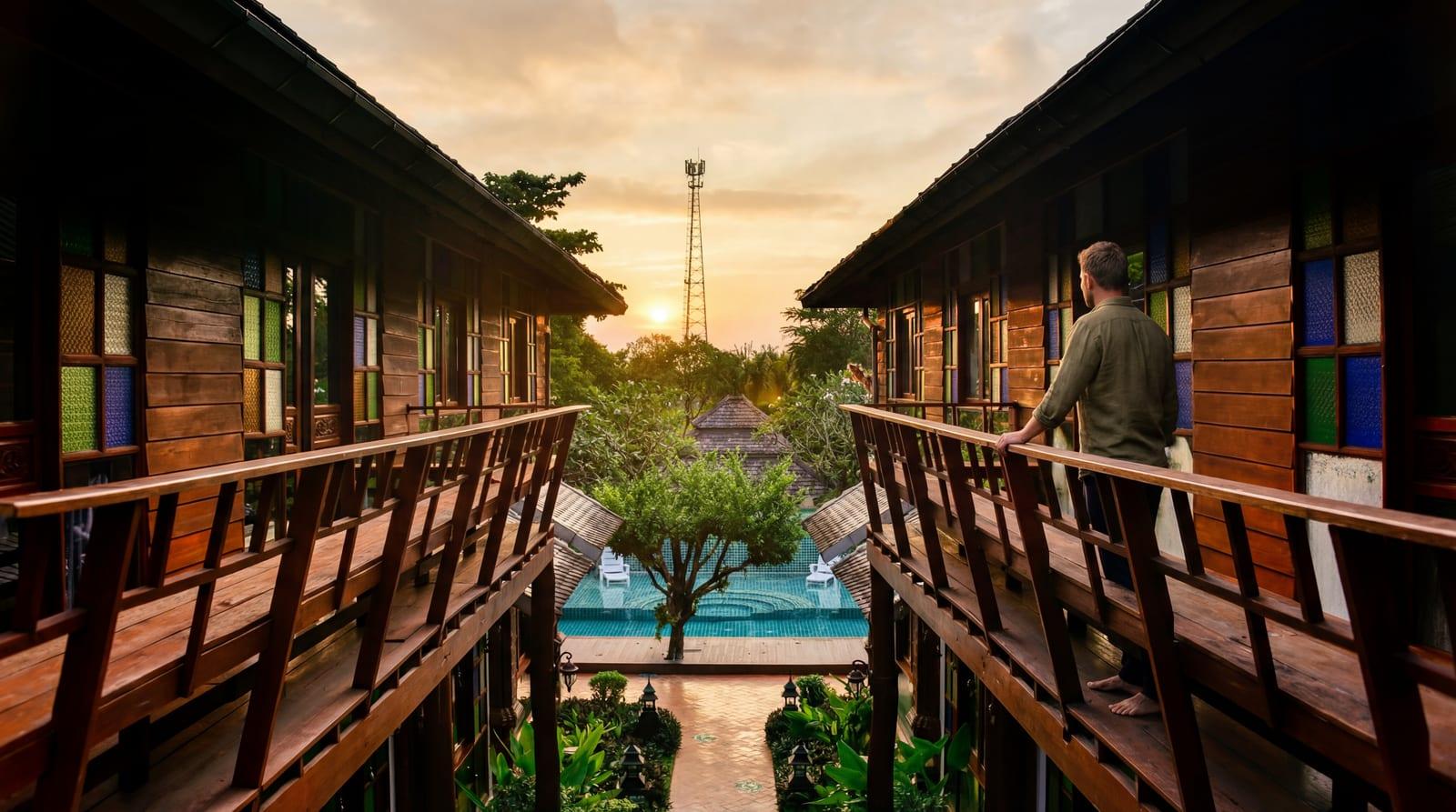 Night view of the residential compound pathway at Jintara Rehab Chiang Mai