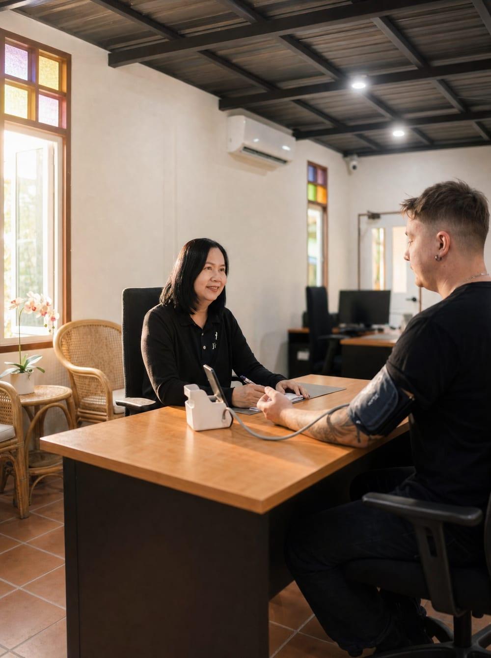 Clinical intake consultation at Jintara Rehab Chiang Mai, assessing the client's family system alongside individual treatment needs
