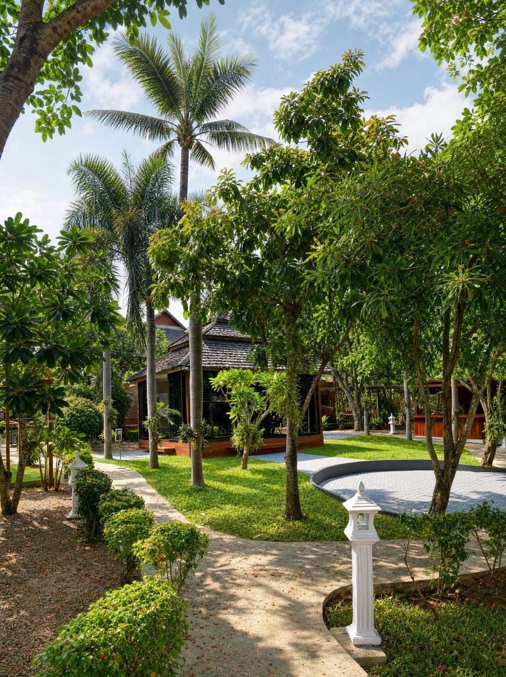 Tropical garden grounds at Jintara Rehab Chiang Mai, a calm environment for families navigating the decision to seek treatment