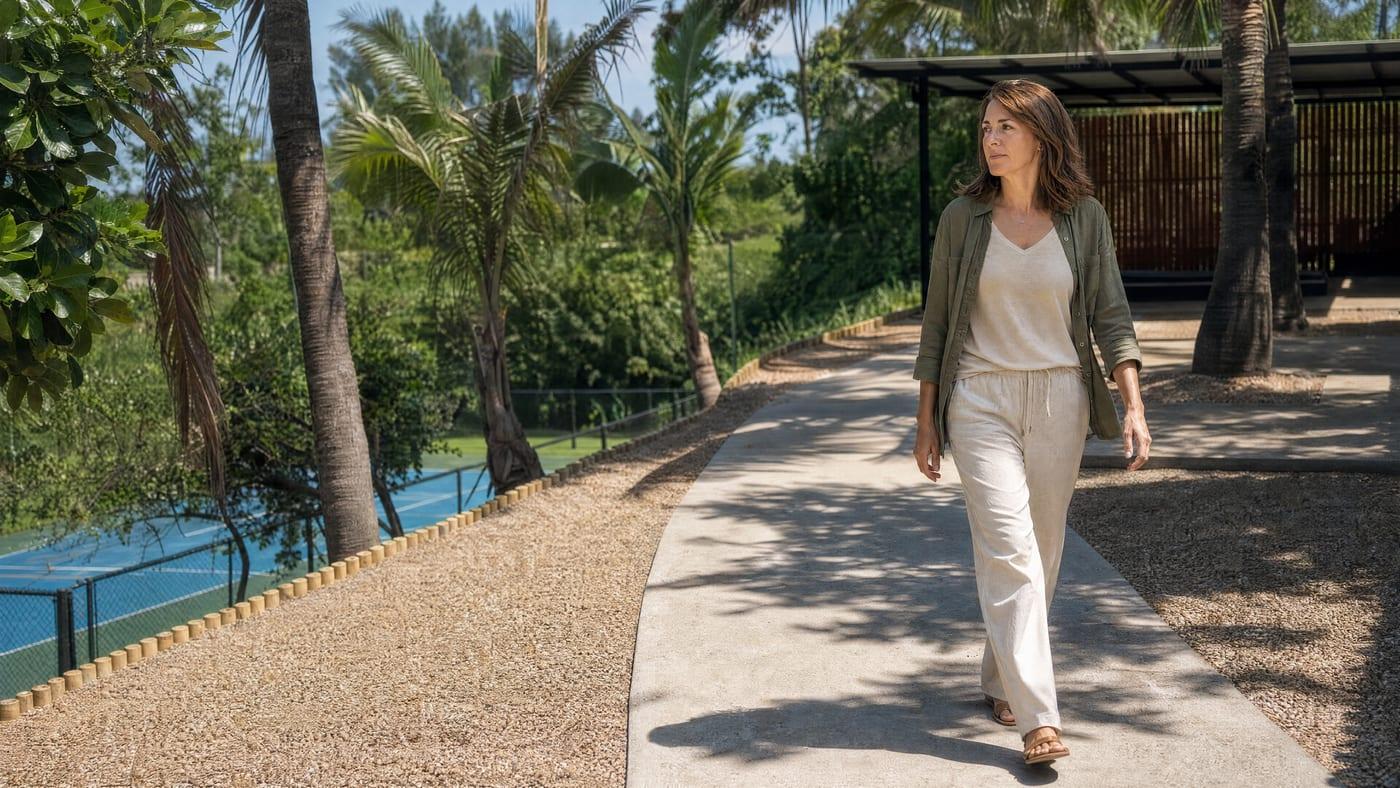 A garden path at Jintara Rehab in Chiang Mai leading past a timber and glass pavilion, where families meet the admissions team before a client arrives