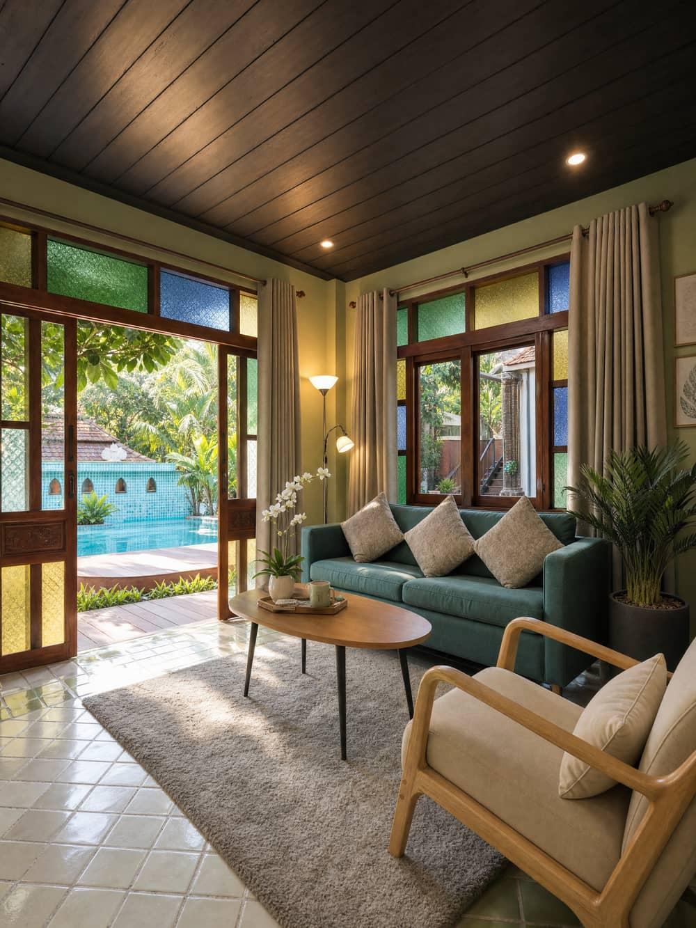 Teal sofa and pool view through stained-glass doors in the lounge at Jintara Rehab Chiang Mai