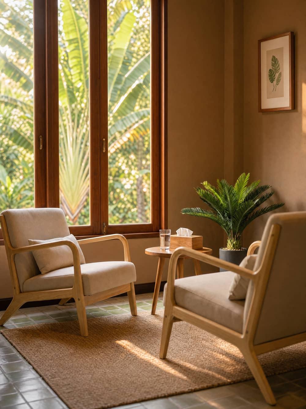 Therapy room with two armchairs and tropical garden view at Jintara Rehab Chiang Mai