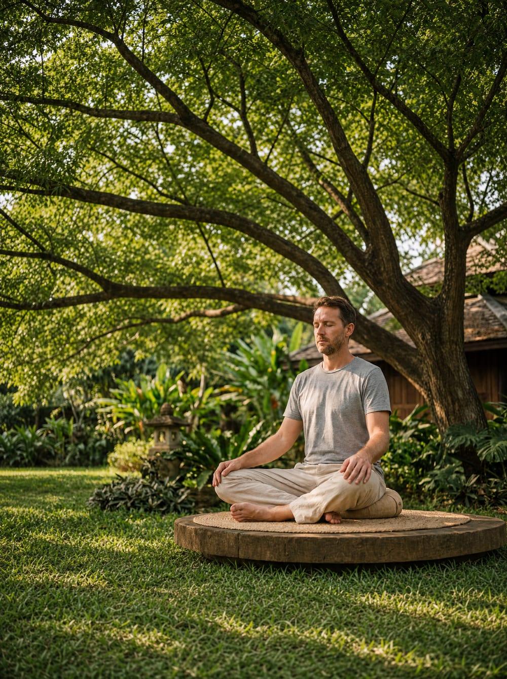 Person meditating on the lawn at Jintara Rehab Chiang Mai with Lanna-style buildings behind