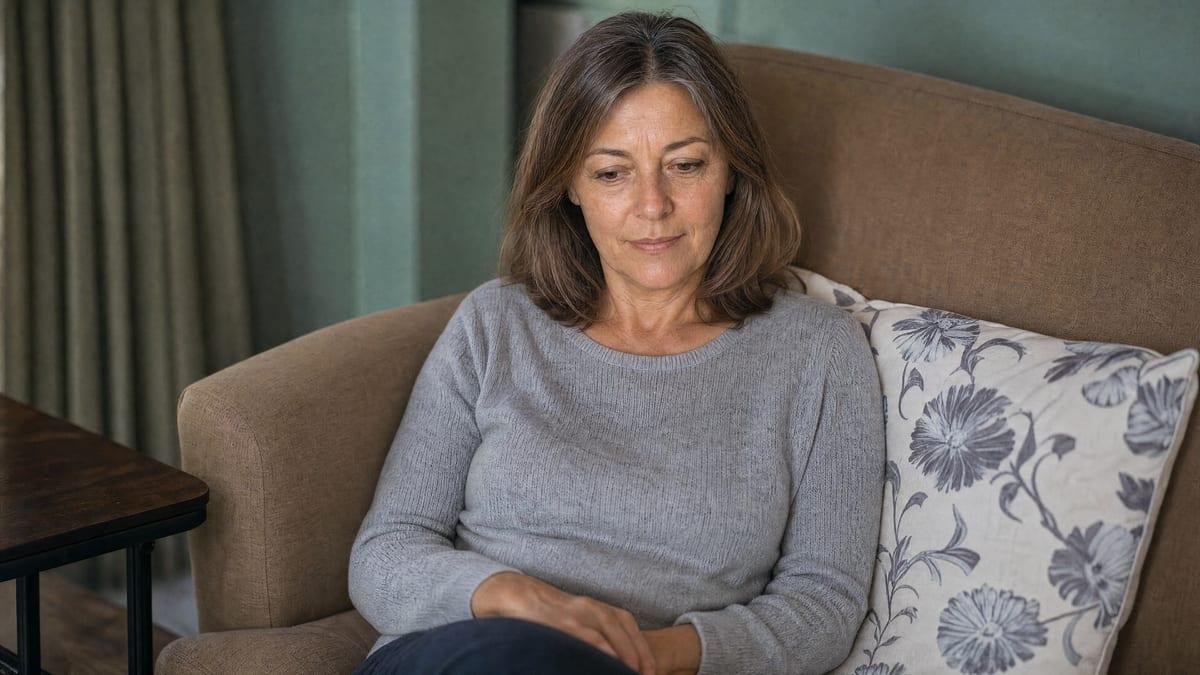 Woman sitting quietly and reflective on a sofa at Jintara Rehab Chiang Mai, recognising a pattern of prescription drug dependence