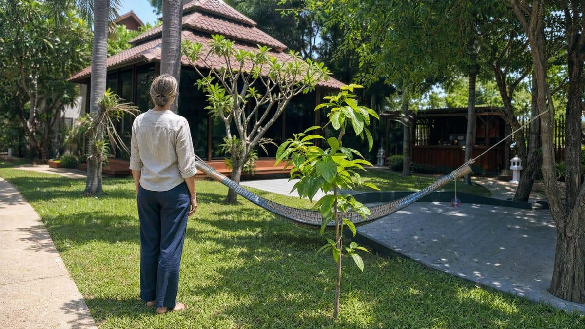 Woman standing in the garden reflecting at Jintara Rehab Chiang Mai on the psychological drivers behind gabapentin use