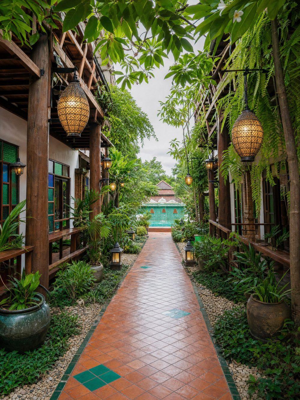 Garden walkway with hanging lanterns at Jintara Rehab in Hang Dong, Chiang Mai