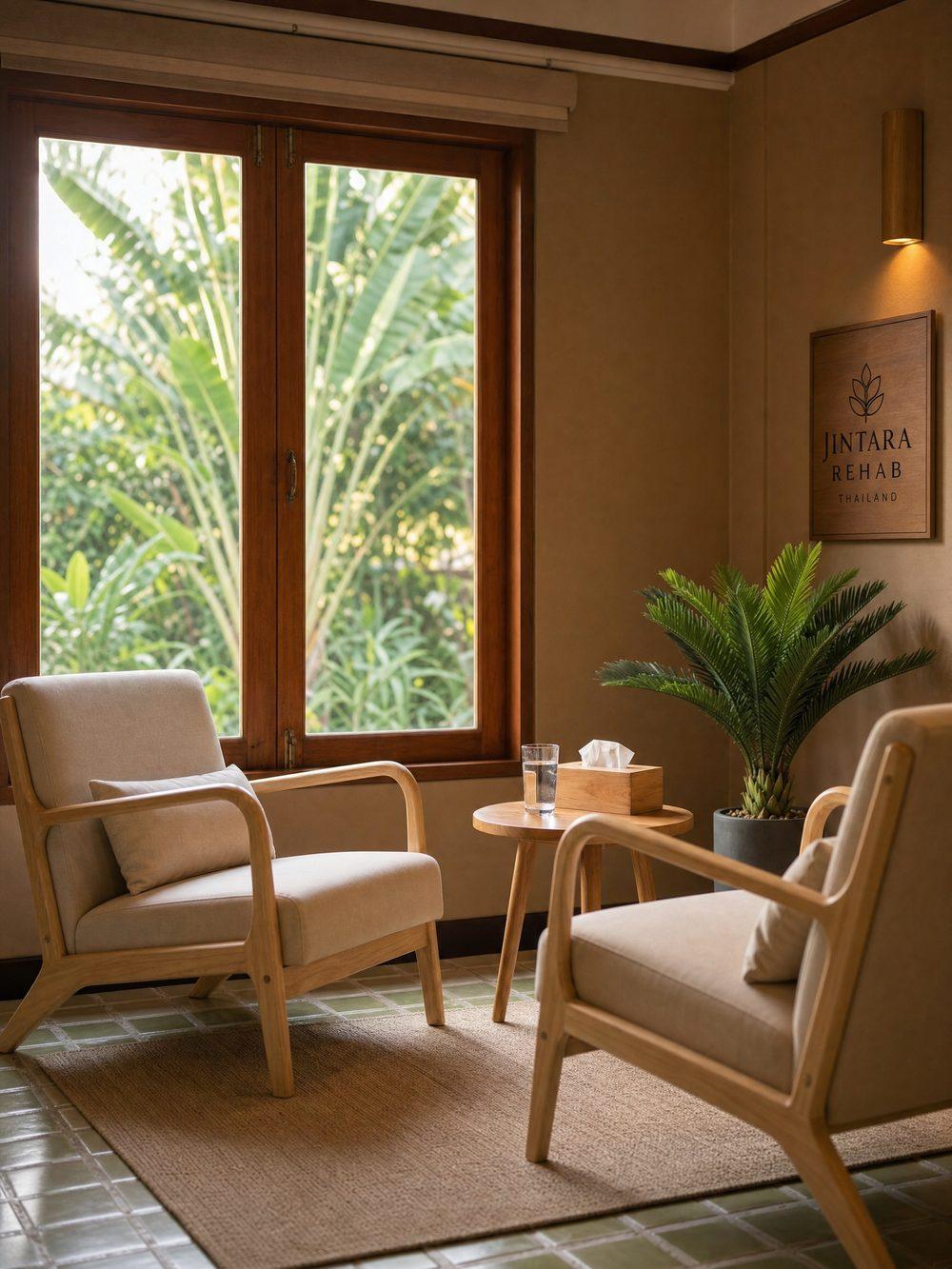 Empty therapy consultation room with chairs at Jintara Rehab, Chiang Mai Thailand