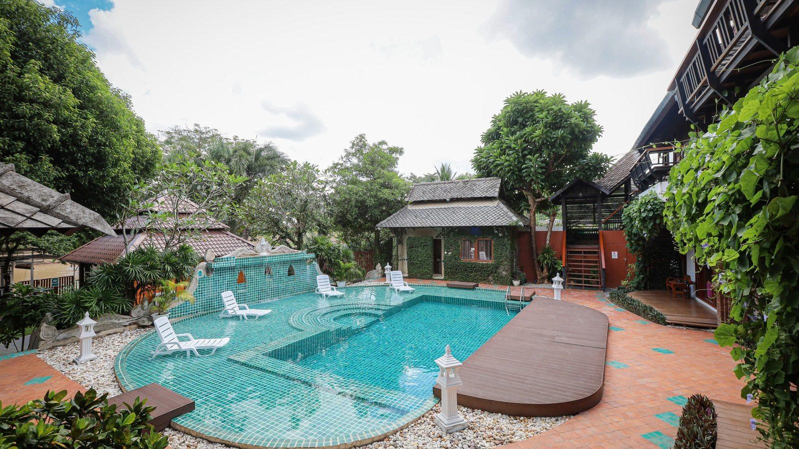 Heroin addiction treatment center compound and pool at Jintara Rehab in Chiang Mai, Thailand