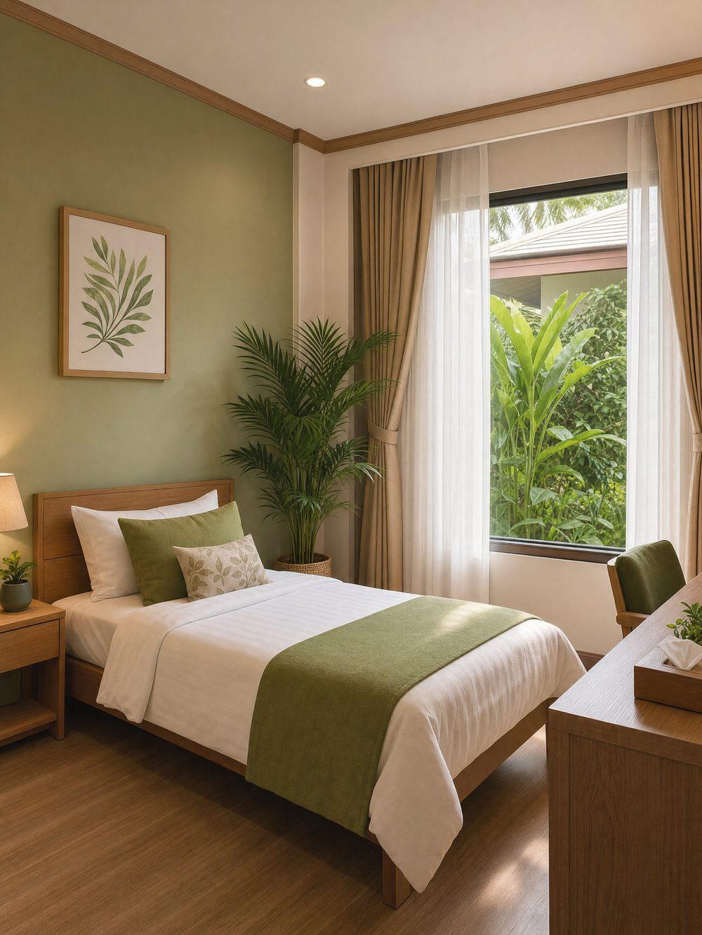 Private bedroom with green bedding at Jintara Rehab accommodation, Chiang Mai Thailand