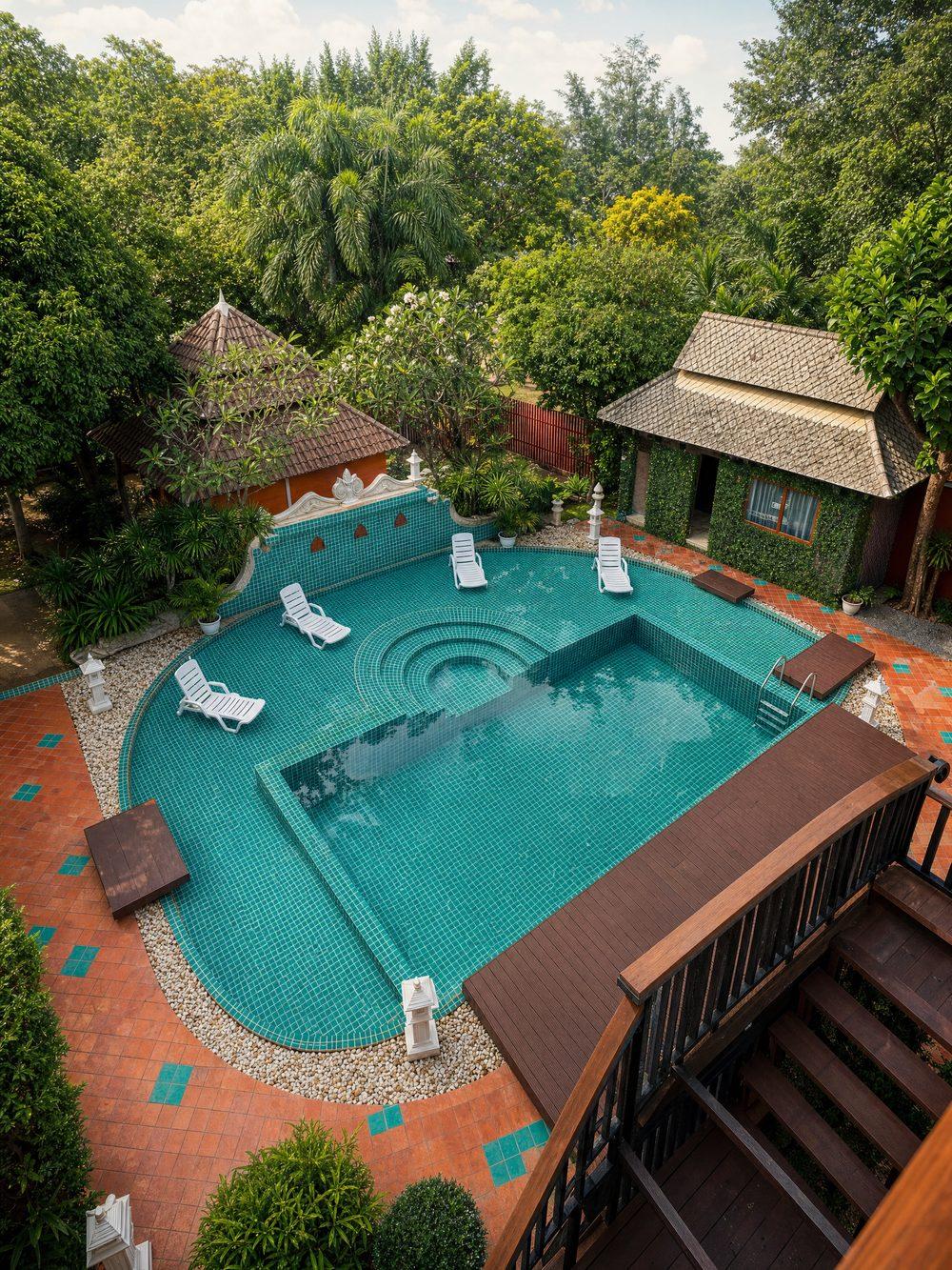 Pool compound with tropical buildings at Jintara Rehab, Chiang Mai Thailand