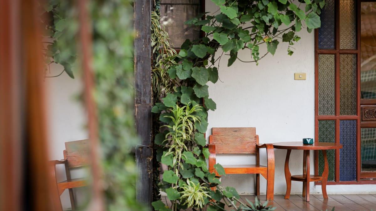 Quiet porch seating among vines for reflection at Jintara rehab Chiang Mai