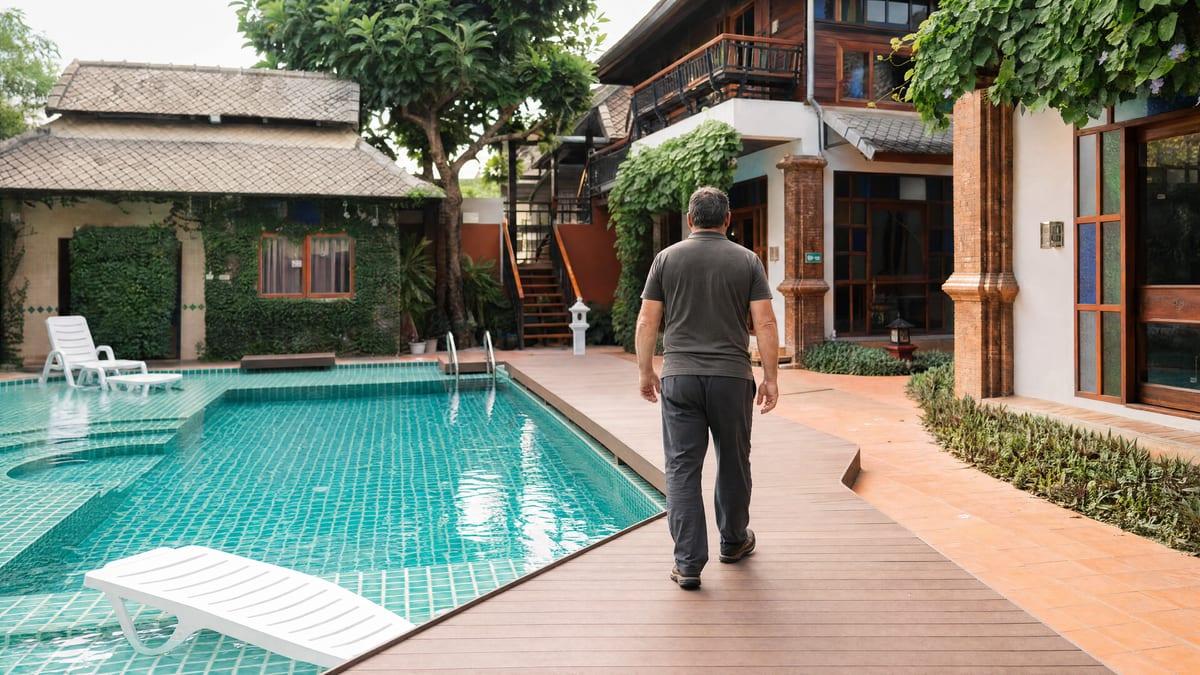 Man walking along a timber pool deck toward Lanna buildings at Jintara Rehab