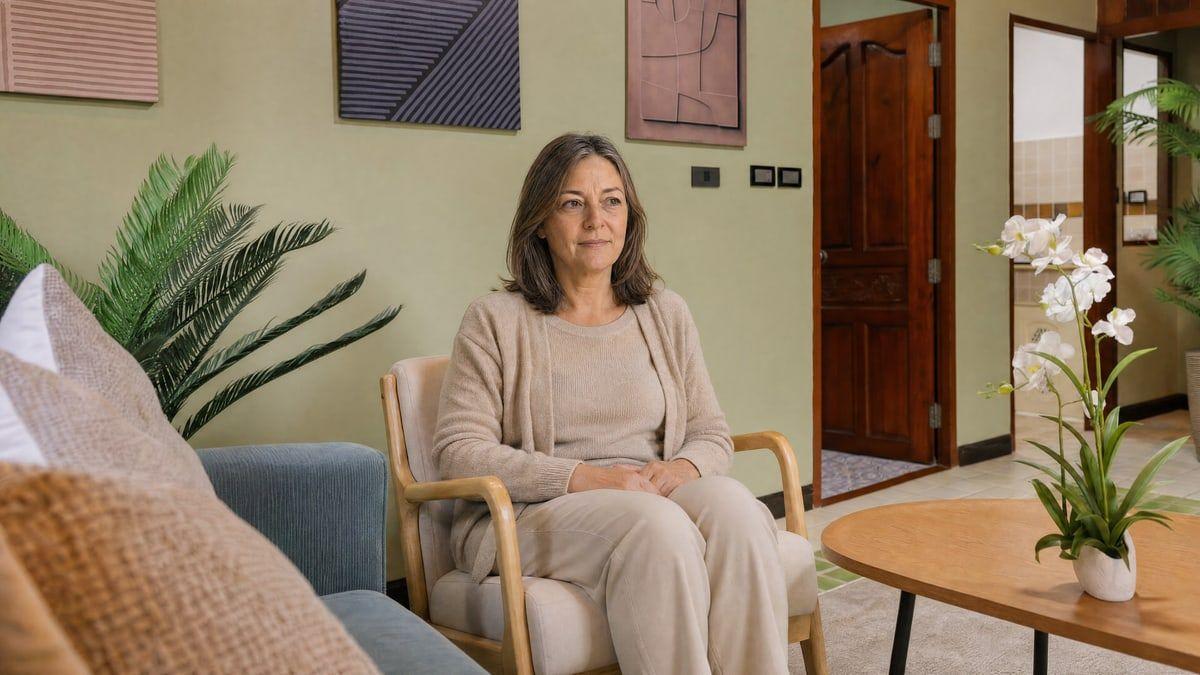 A woman sitting composed in an armchair in a lounge at Jintara Rehab Chiang Mai