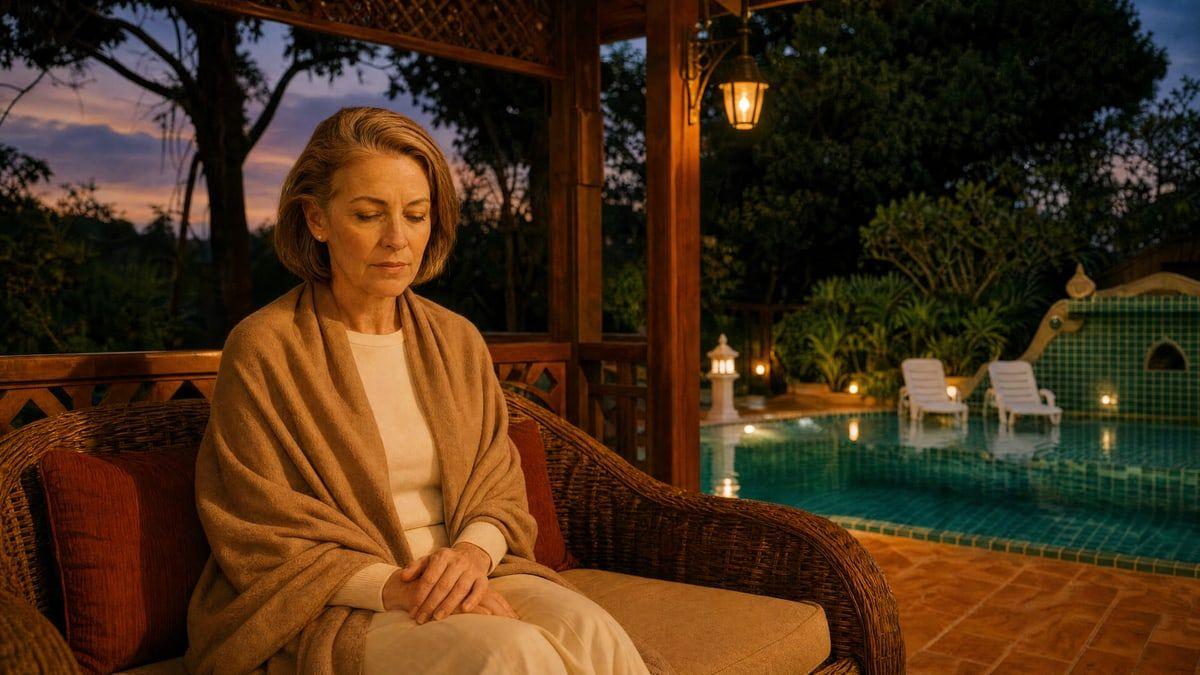 A woman resting calmly on a garden sala at dusk at the Jintara Rehab facility in Chiang Mai