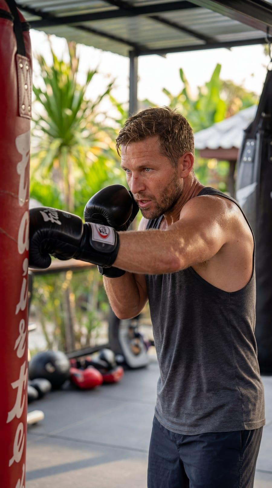 Person boxing a heavy bag in the outdoor gym at Jintara Rehab in Chiang Mai, Thailand