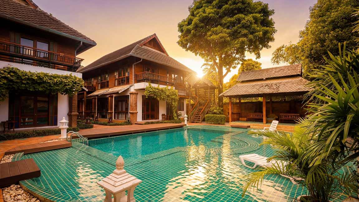 Jintara Rehab's peaceful grounds in Chiang Mai at golden hour